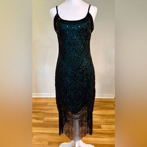 Yessa, Black Sequin Fringe Midi Dress with Dark Green Underlay, Size Small